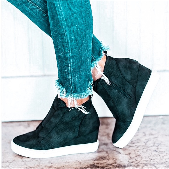 Black | Faux Suede Wedge Sneaker - Picture 2 of 5